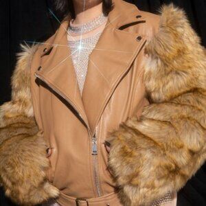 PLUS AZALEA WANG UTILITY FAUX FUR ARMS MOTO JACKET